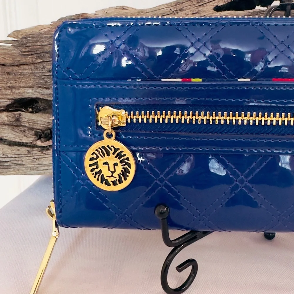 ANNE KLEIN ~ Long Blue Patent Quilted Puffer Leather Wallet w/Gold Hardware